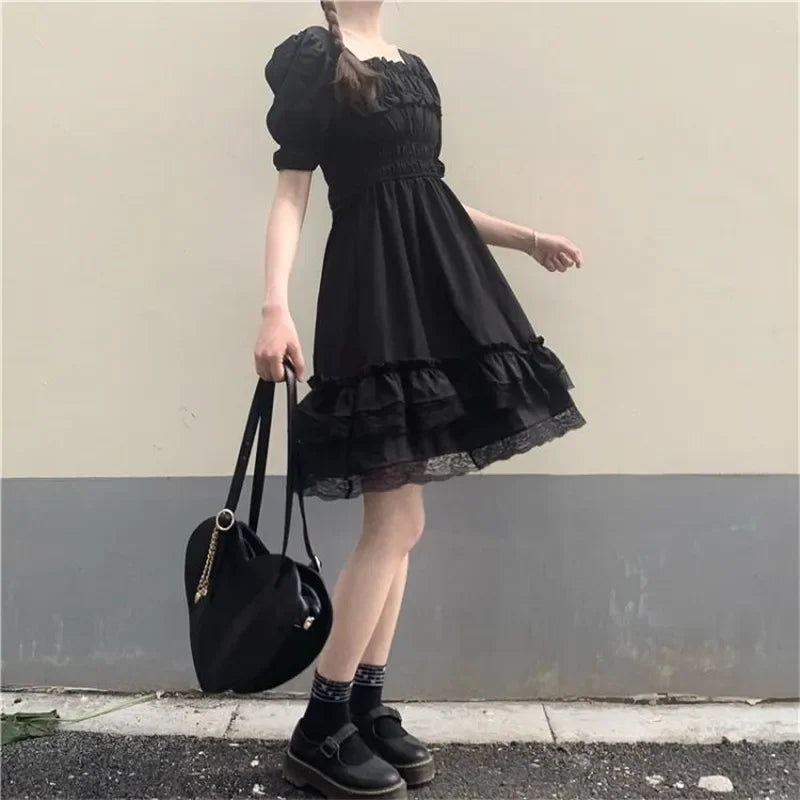 Japanese Lolita Style Women Princess Black Mini Dress Slash Neck High Waist Gothic Dress Puff Sleeve Lace Ruffles Party Dresses