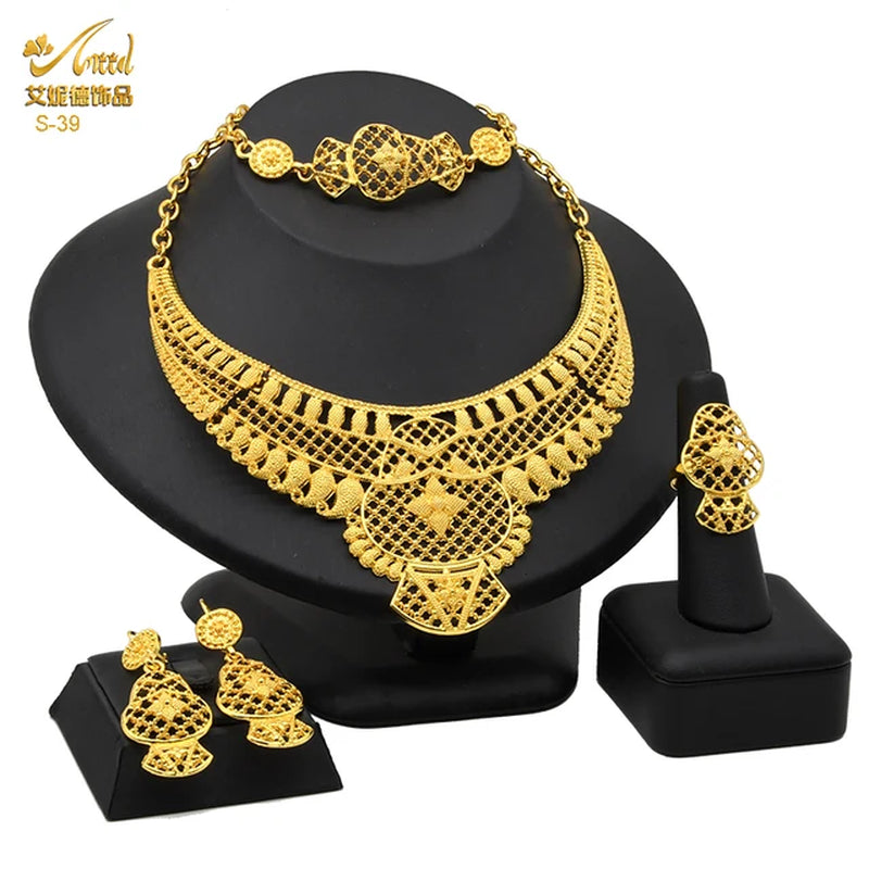 African Jewelry Set Big Necklace Dubai Ethiopian Gold Color Jewelery Earring Bracelet for Women Bridal Choker Wholesale