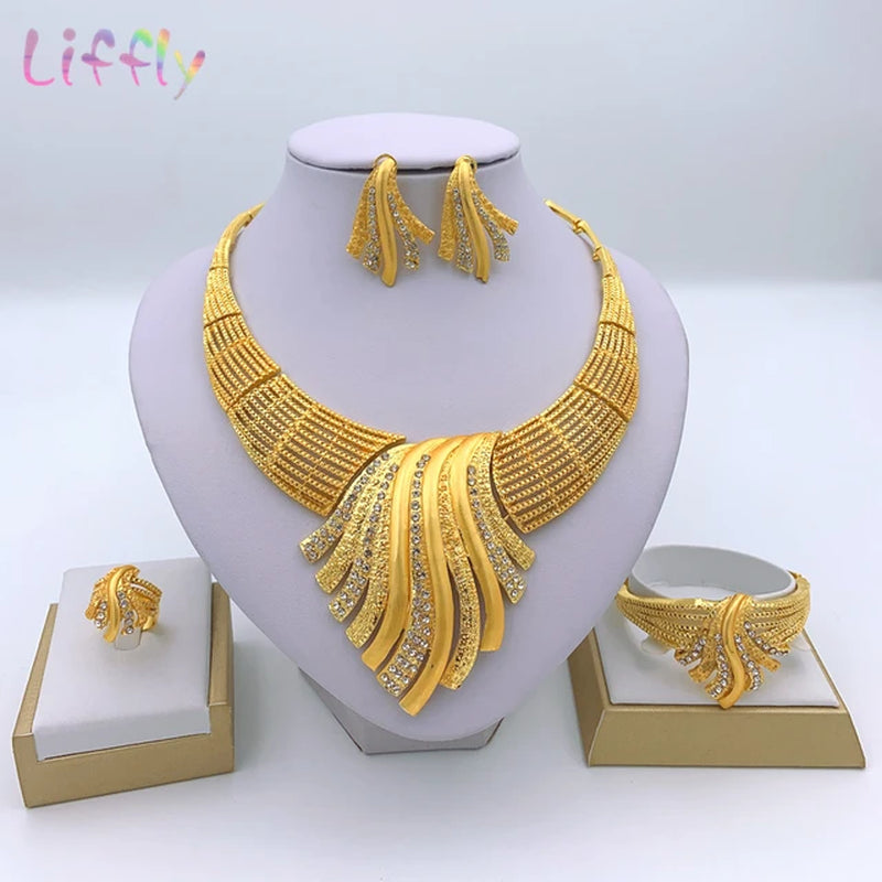 African Jewelry Dubai 24K Gold Jewelry Sets Bridal Wedding Big Crystal Choker Necklace Bracelet Earrings for Woman