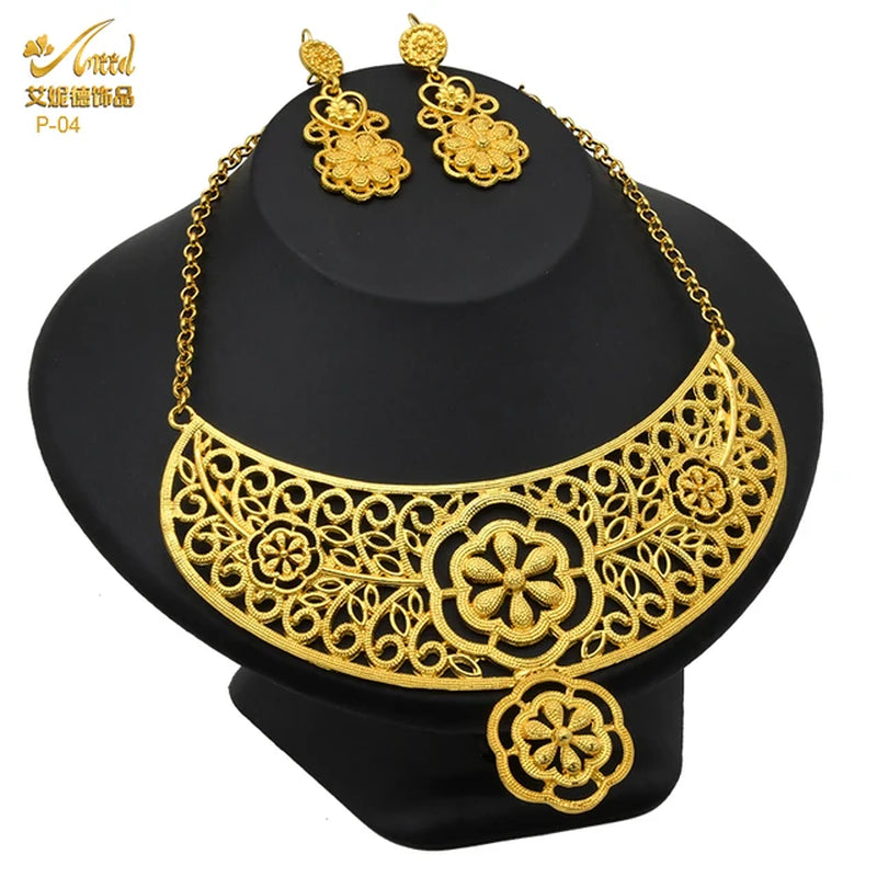 African Jewelry Set Big Necklace Dubai Ethiopian Gold Color Jewelery Earring Bracelet for Women Bridal Choker Wholesale