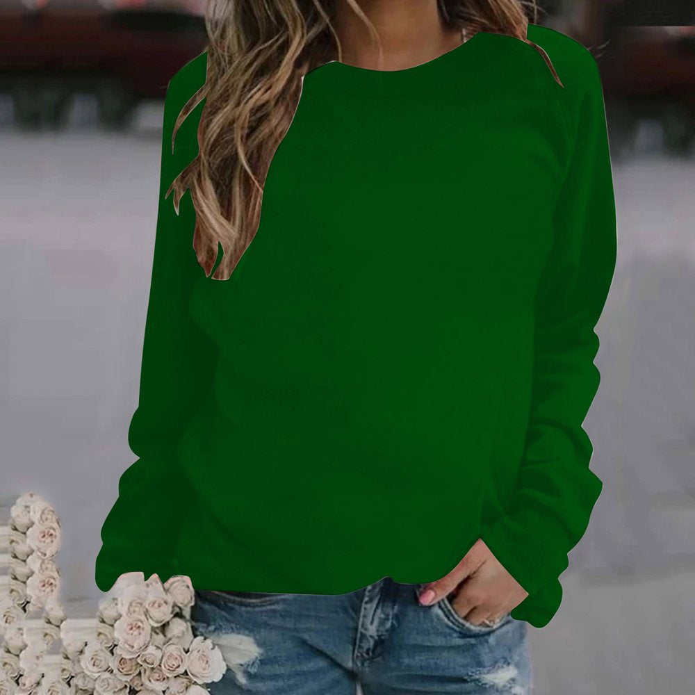 Womens Casual Long Sleeve Sweatshirt Crew Neck Cute Pullover Solid Color Loose Fit Tops on Clearance