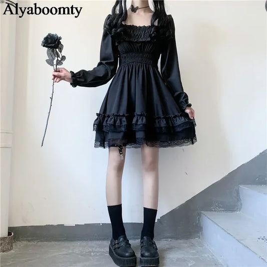 Japanese Lolita Style Women Princess Black Mini Dress Slash Neck High Waist Gothic Dress Puff Sleeve Lace Ruffles Party Dresses
