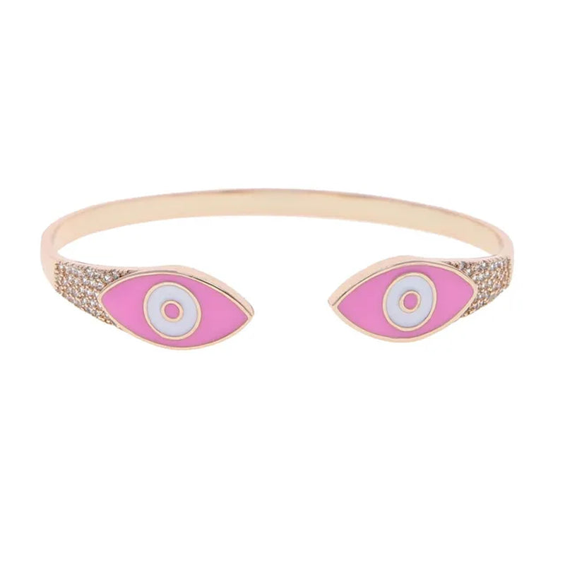 Rose Gold Metal Color Pink Blue Green Enamel Lucky Evil Eye Open Adjustsed Wrist Cuff Bangle for Women