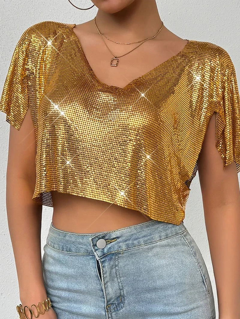 Sexy Metal Summer Sequin Crop Top Women 2023 Night Club Party Woman Halter Tank Top Y2K Clothes Topy Shirt Bralette Womens Tops